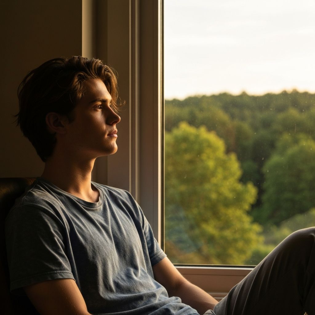Personne regardant au loin par une fenêtre vers un horizon calme et naturel