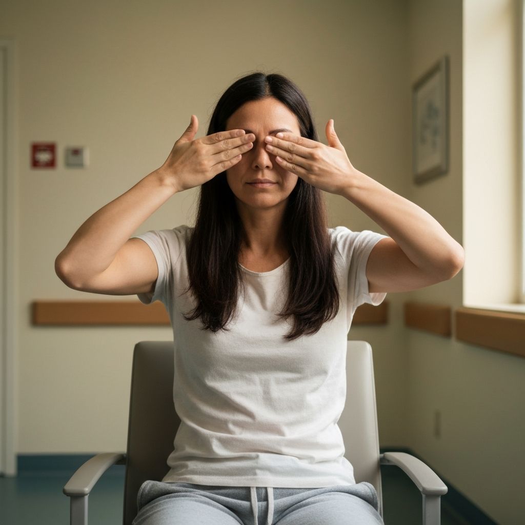 Personne effectuant la technique de palming pour la relaxation oculaire en environnement calme